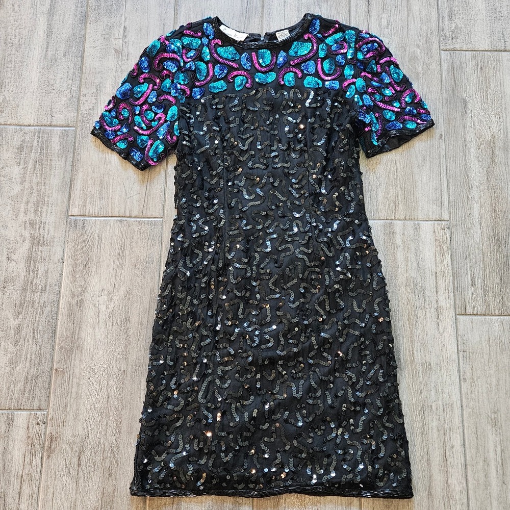 Laurence Kazar Vintage‎ Beaded Silk Mini Dress Sequin Size Petite M 80s Party